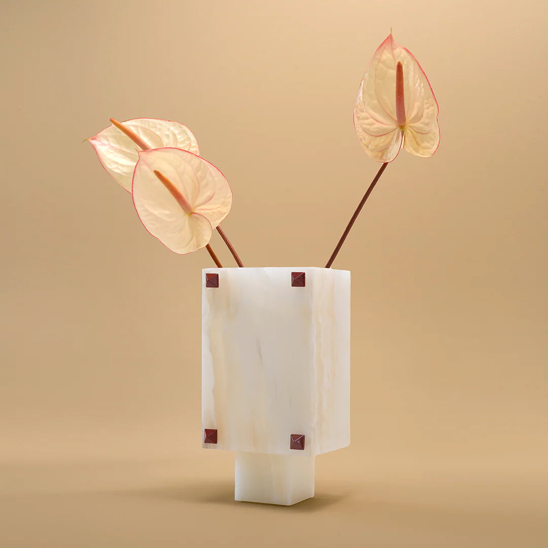 Trunk Vase - White Onyx with Rivets